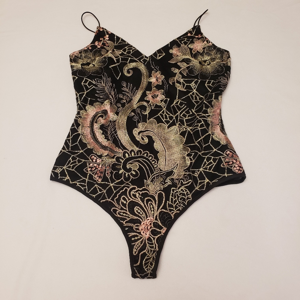 Windsor Black Metallic Gold & Pink Floral Lace Bodysuit